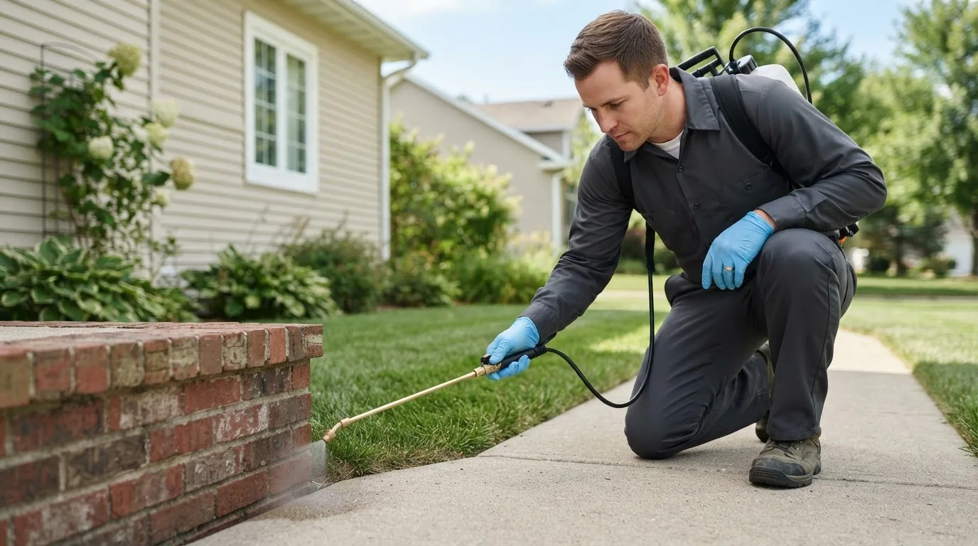 Pest control technician treating a home near Coram, NY